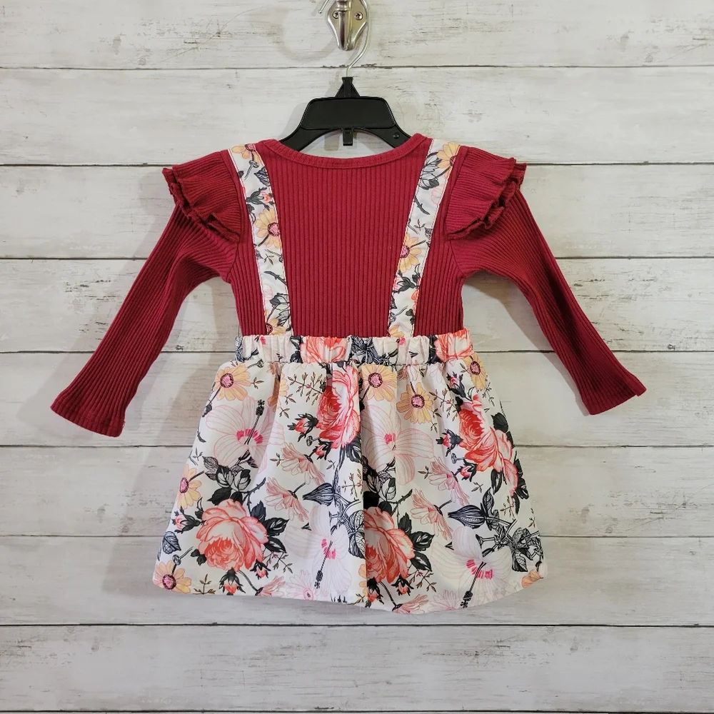 Red Floral Suspender One Piece Long Sleeve Dress for Kids Size 12-18 M - Picture 8 of 9